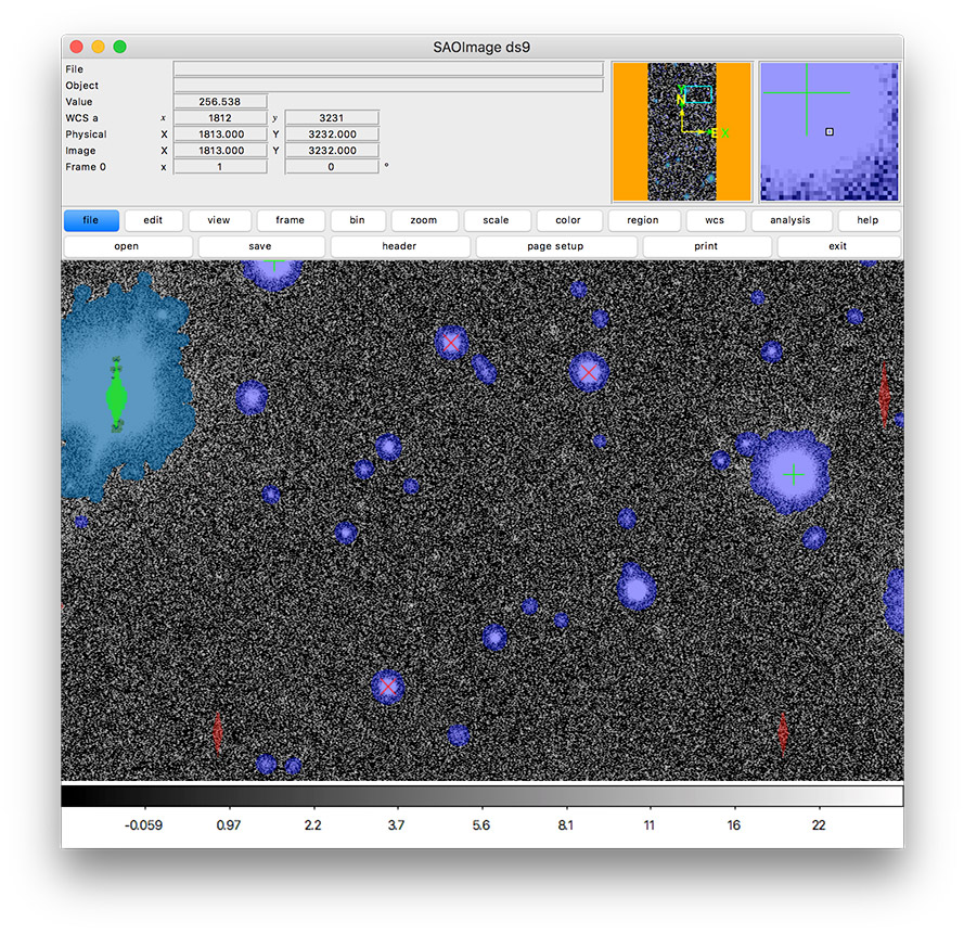 Screenshot of DS9 showing an HSC image, mask planes, and source markers.