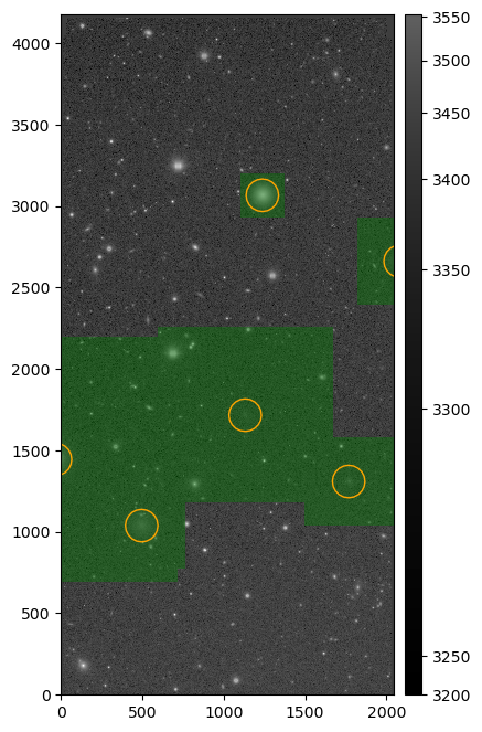 Injected post-ISR CCD (``injected_postISRCCD``) for HSC exposure 1228, detector 51, visualized using `lsst.afw.display`. Injected source centroids are circled in orange.